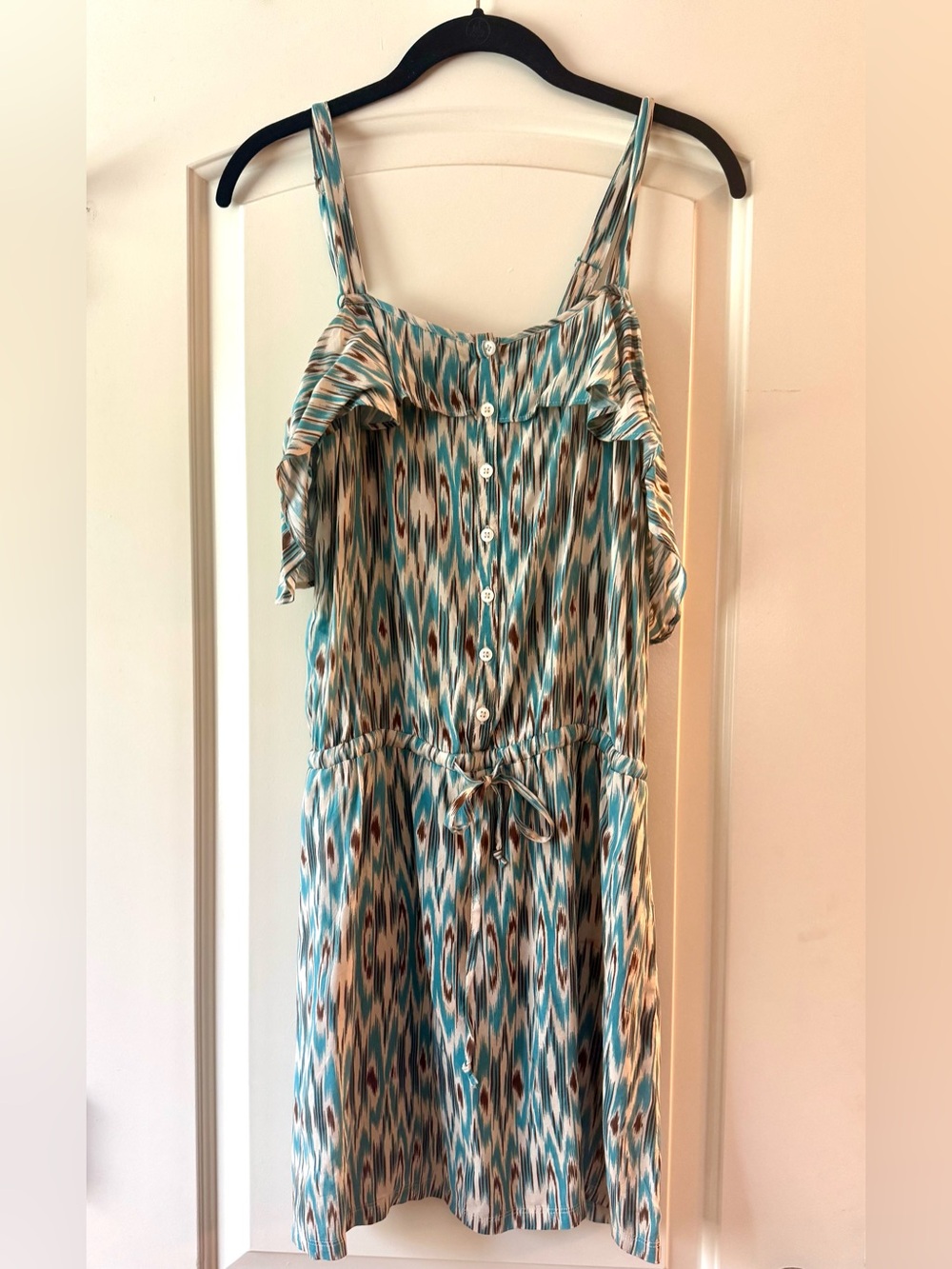 Anthropologie Lilka brand Teal, Cream and Brown Ikat Ruffle Mini Dress